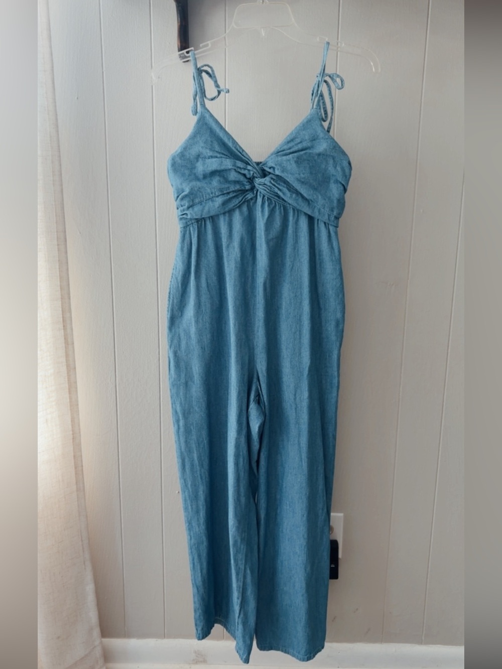 Denim One-Piece Jumpsuit with Tie Straps